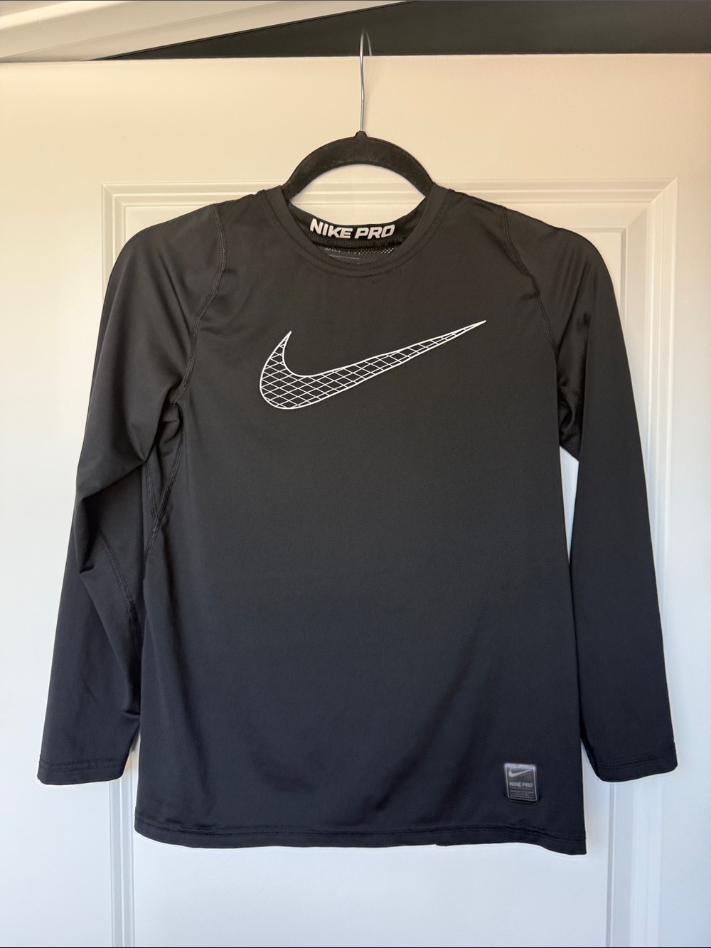 Nike PRO Boys Black Long-Sleeve Dri-FIT Training Top with White Swoosh Size Lg